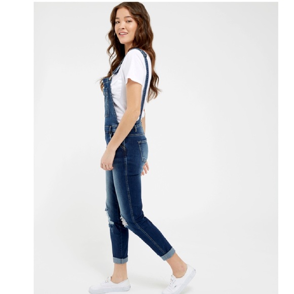 NWT KanCan Distressed Denim Overalls Size XL Dark Wash Jeans Open Back - Picture 3 of 10